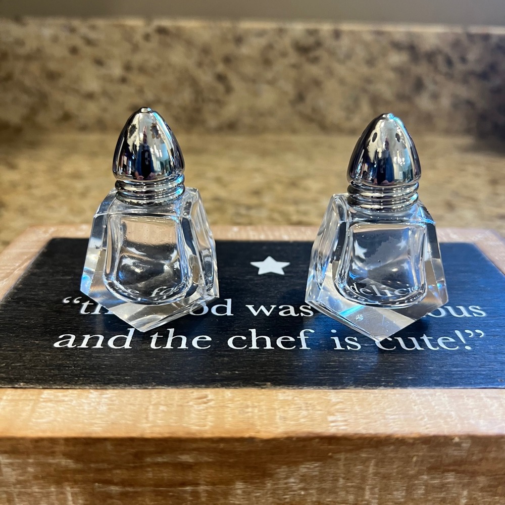 Vintage Mini Faceted Glass Salt and Pepper Shakers Set Chrome Tops Clear Crystal